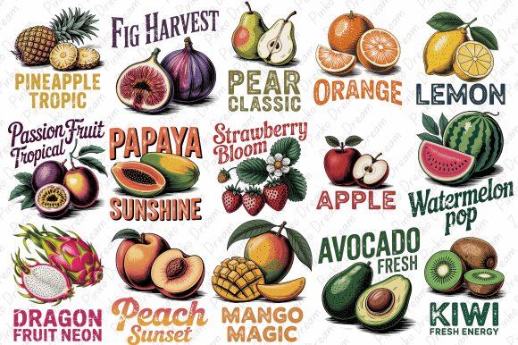 Download Vintage Retro Fruit Clipart Bundles Png - Fruit Collection